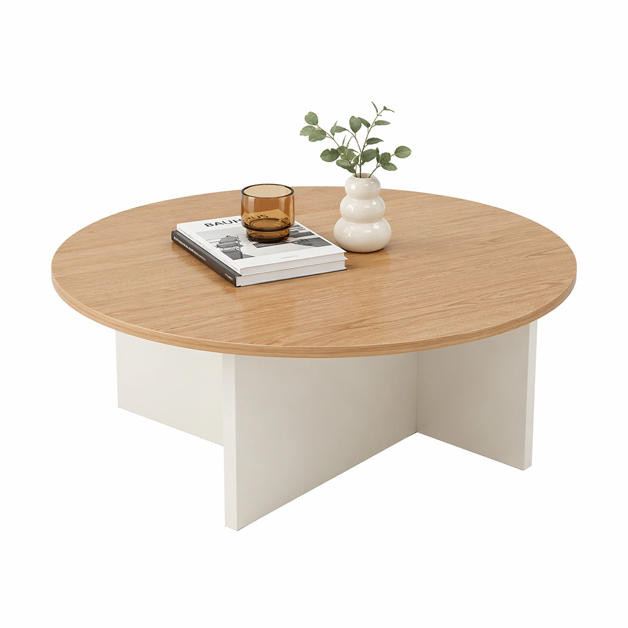 Moderner Runder Couchtisch mit Holzoptik Tischplatte und Stabiler Kreuzbasis, Minimalistisches Design fuer Wohnzimmer oder Buero, Naturfarbe-avqira