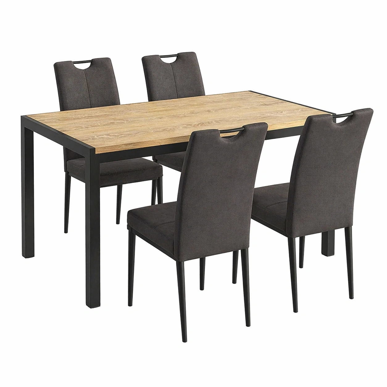 Essgruppe 5 Teilig Esstisch mit 4 Stuehlen Modern Holzoptik Schwarz Metallgestell-avqira