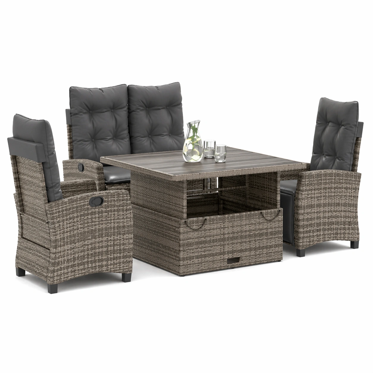 4 tlg Garten Essgruppe Polyrattan Grau mit Kissen und Tisch Stauraum Outdoor Sitzgruppe-avqira