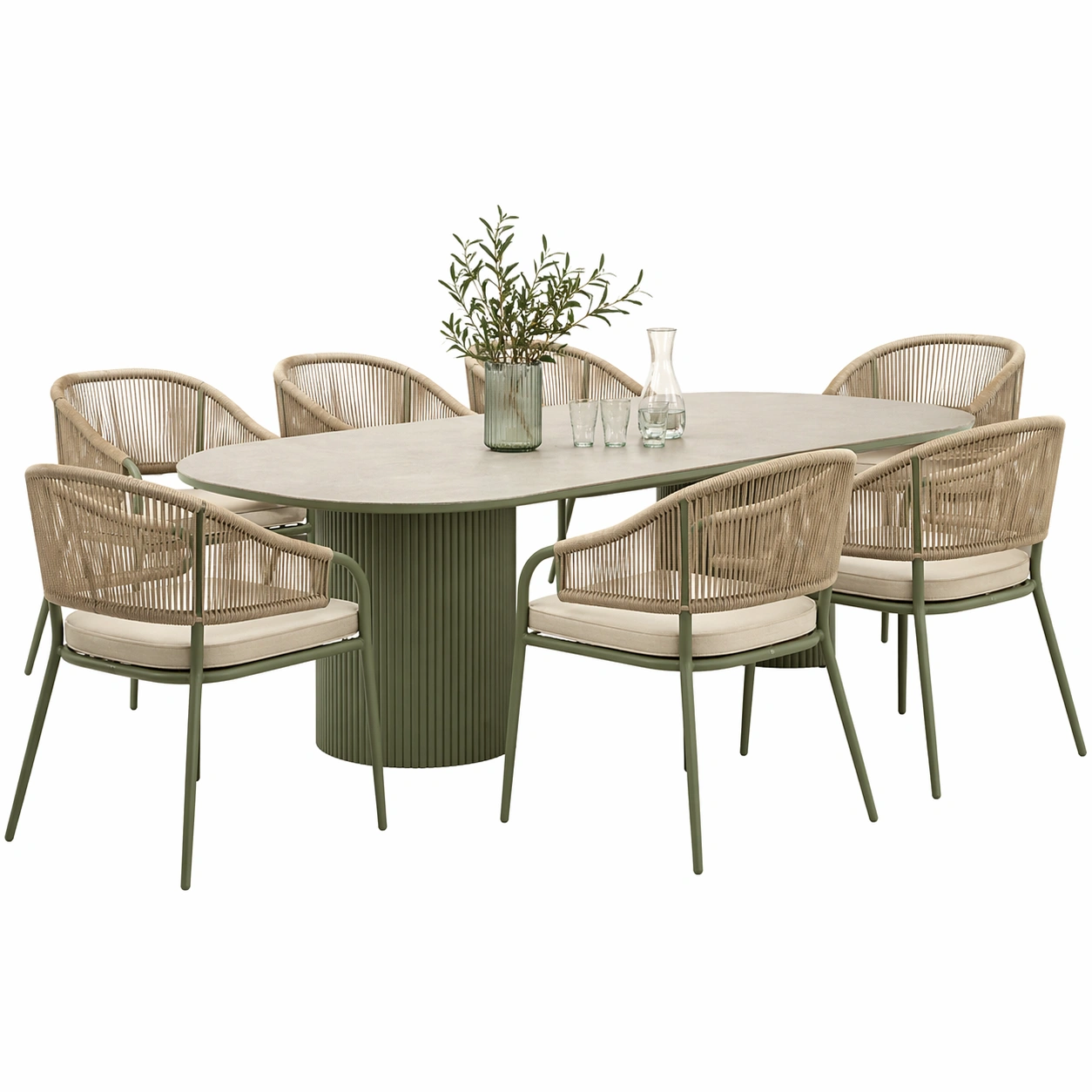 Garten Essgruppe 9 tlg fuer 8 Personen Ovaler Tisch mit 8 Stuehlen Polyrattan Design Beige Gruen-avqira
