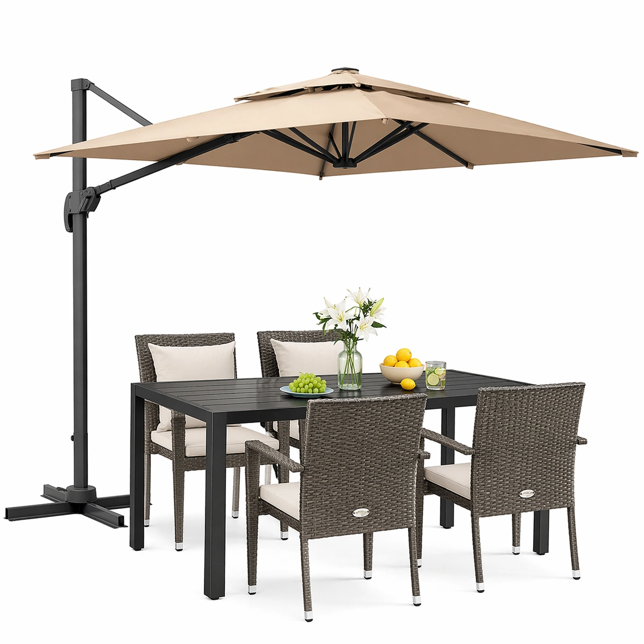 Modernes Garten Essset 5 tlg Rattanoptik Esstisch mit 4 Stuehlen Beige Schwarz Outdoor Balkon Terrasse-avqira