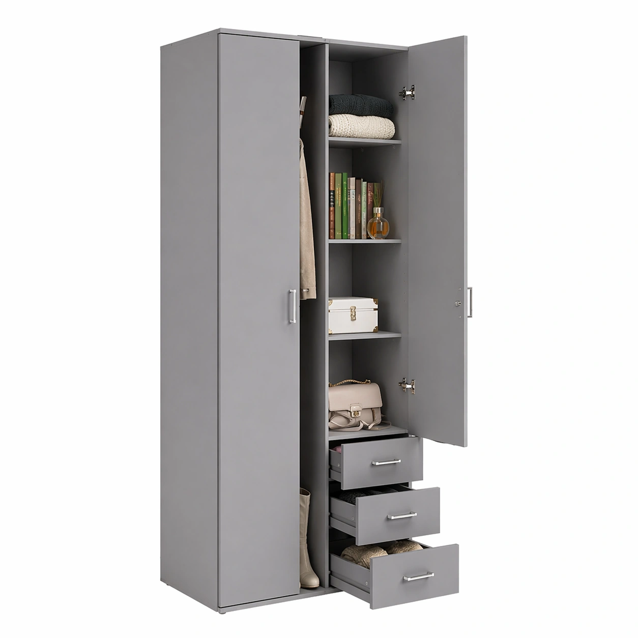 Moderner Kleiderschrank 2 Tueren mit 3 Schubladen Stauraumschrank Schlafzimmer Grau Matt-avqira