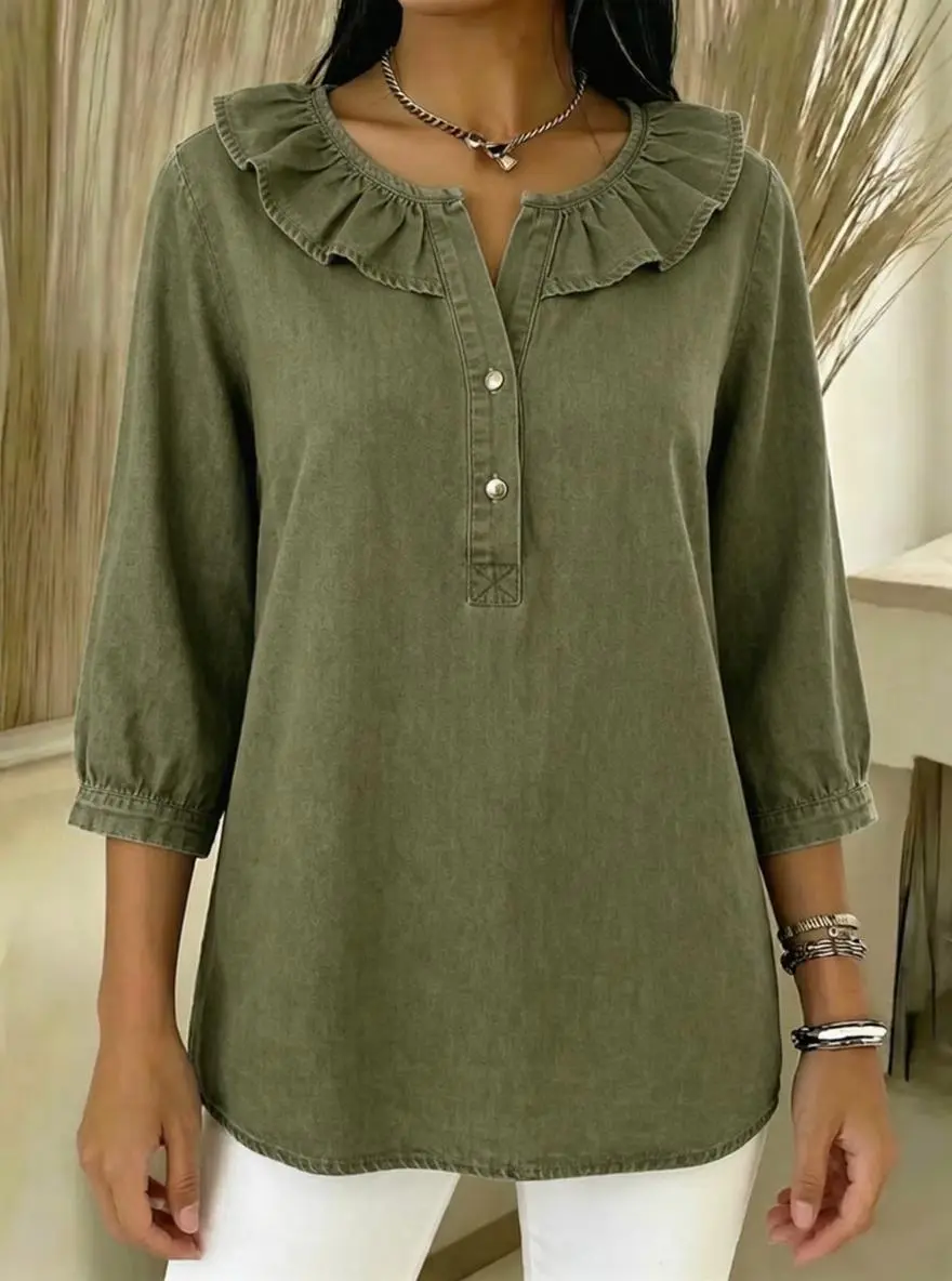 Casual Denim Blouse with Ruffled Henry Collar