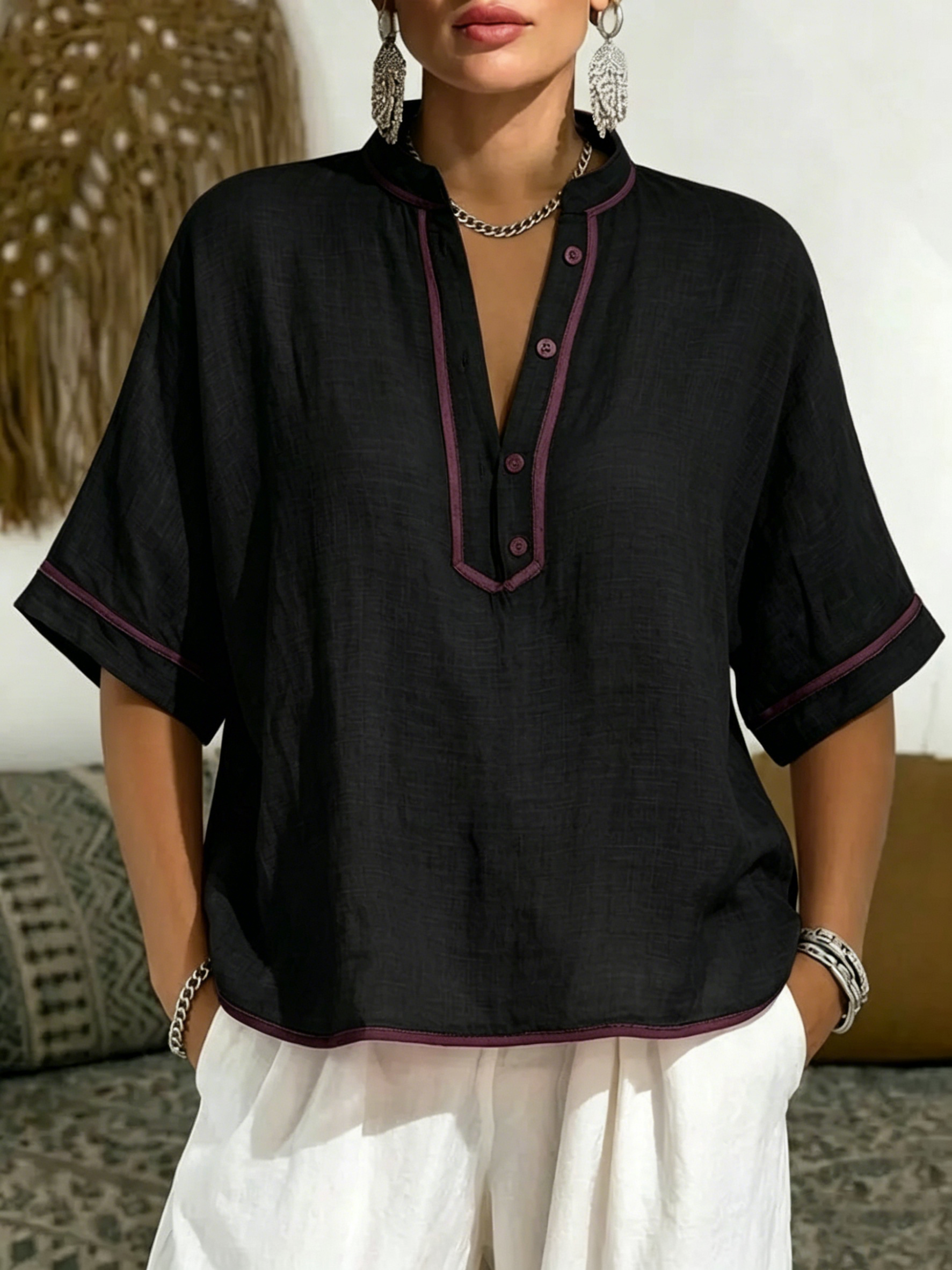 Women's Casual Linen Blend V-Neck Tunic Top – Relaxed Fit Short Sleeve Blouse