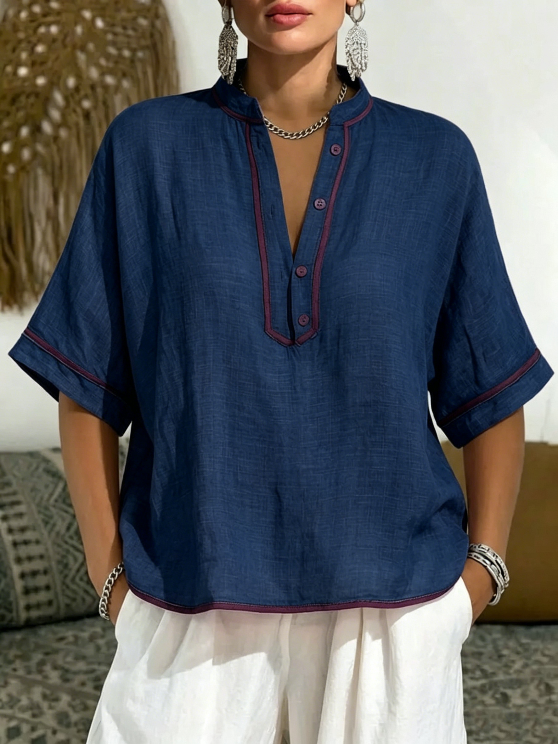 Women's Casual Linen Blend V-Neck Tunic Top – Relaxed Fit Short Sleeve Blouse