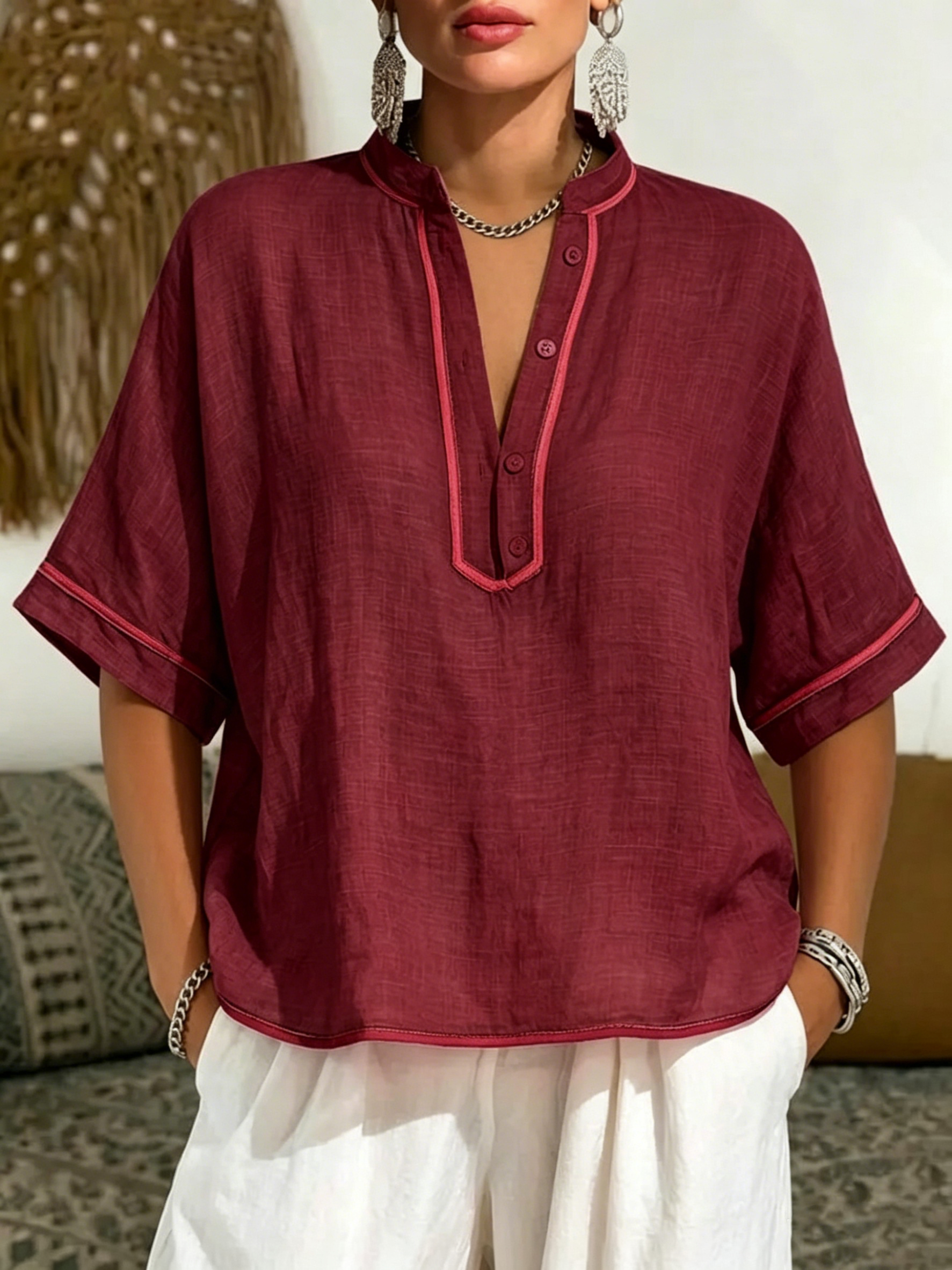 Women's Casual Linen Blend V-Neck Tunic Top – Relaxed Fit Short Sleeve Blouse