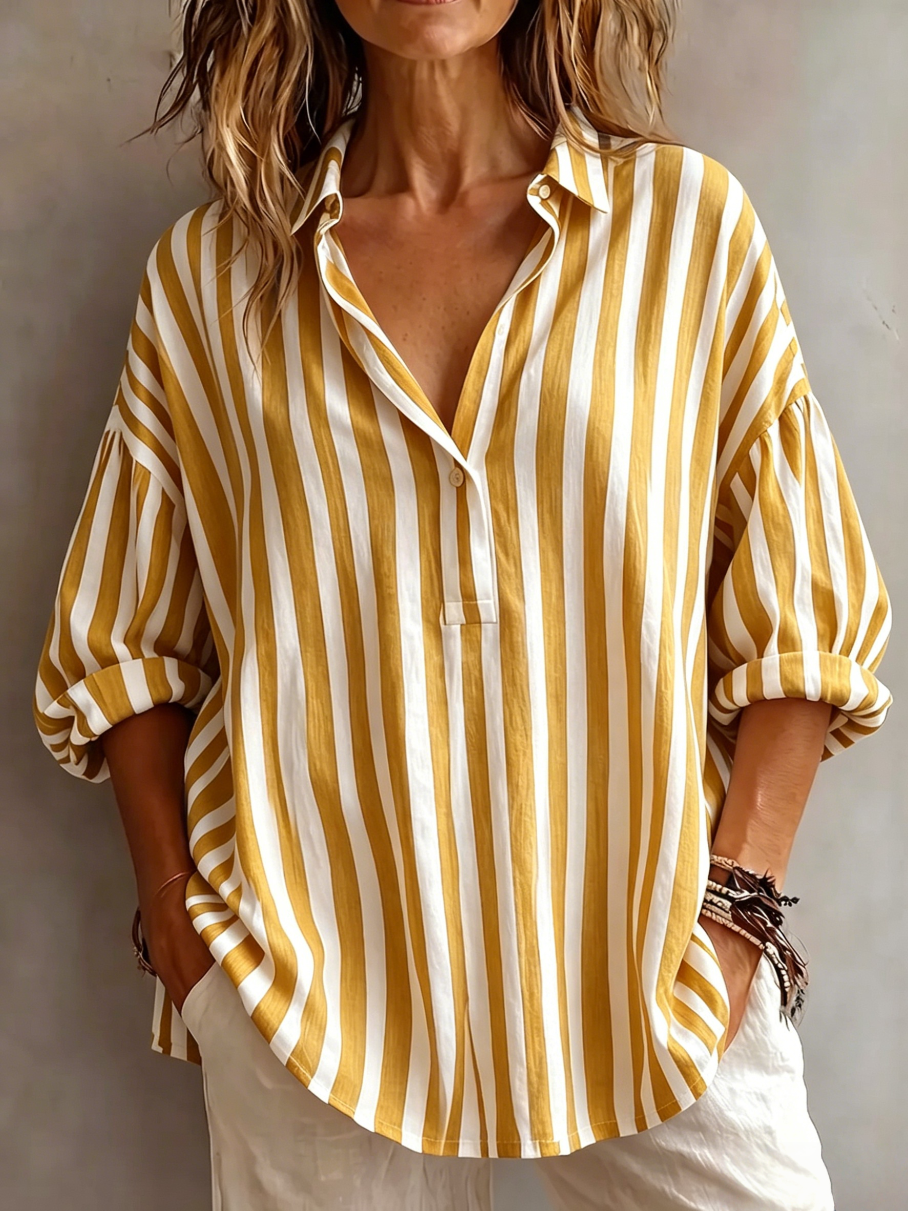Casual Classic Striped Cotton Linen Blouse