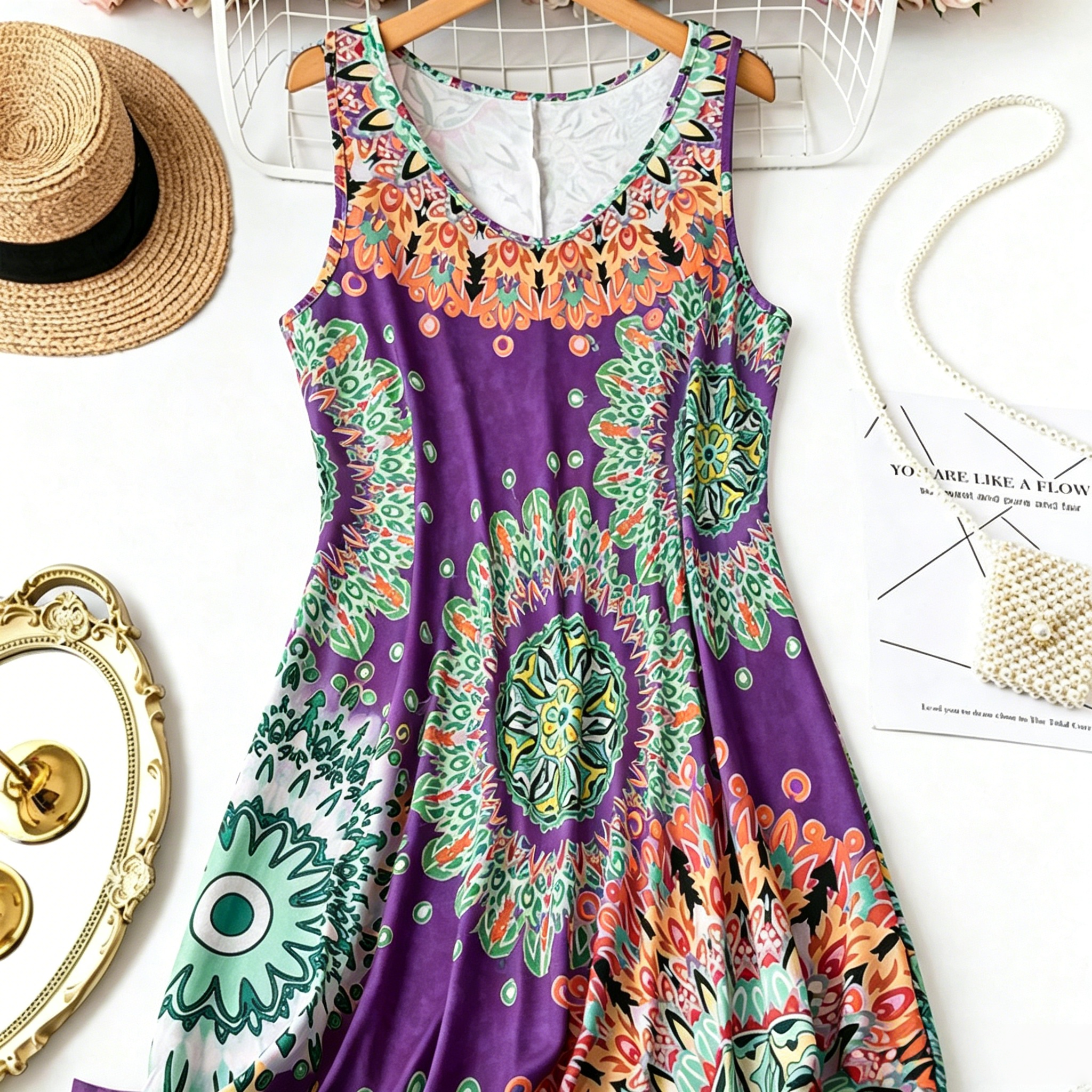 Casual sleeveless A-line summer dress with a print