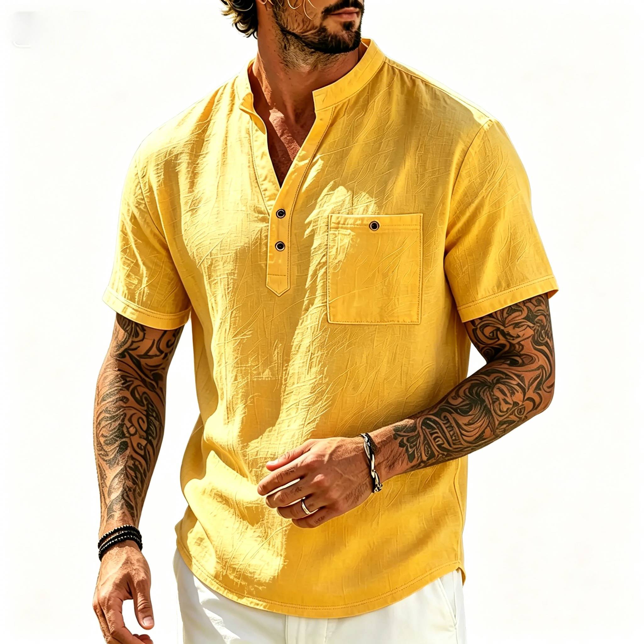 Men's Vacation Linen V-Neck Short Sleeve Shirt