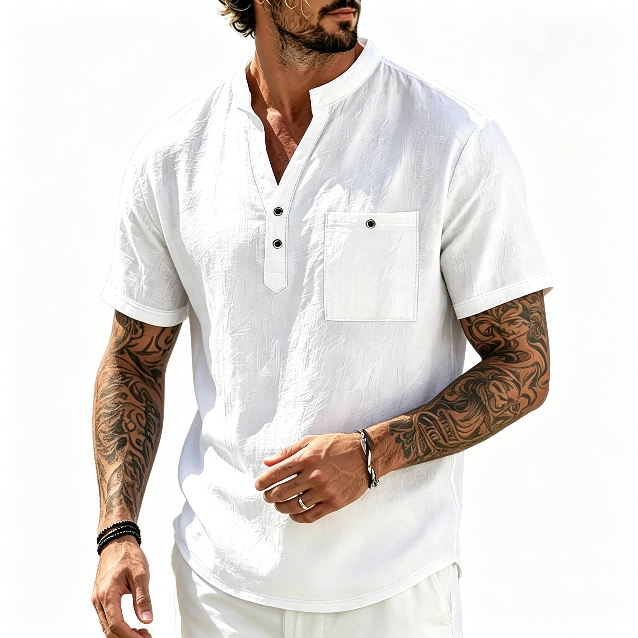 Men's Vacation Linen V-Neck Short Sleeve Shirt