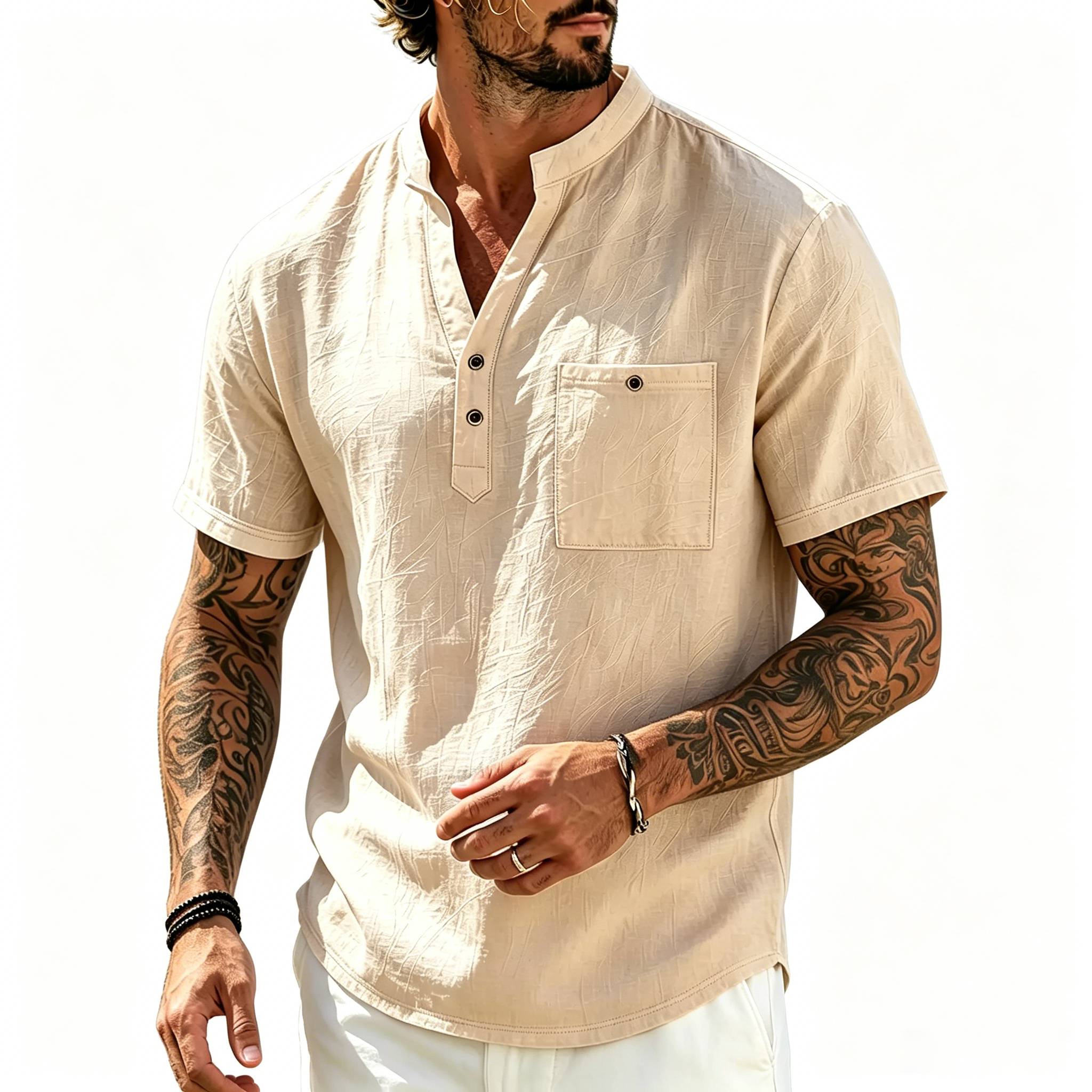 Men's Vacation Linen V-Neck Short Sleeve Shirt