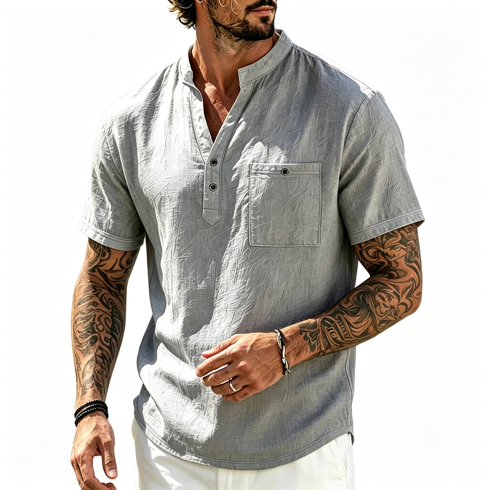 Men's Vacation Linen V-Neck Short Sleeve Shirt