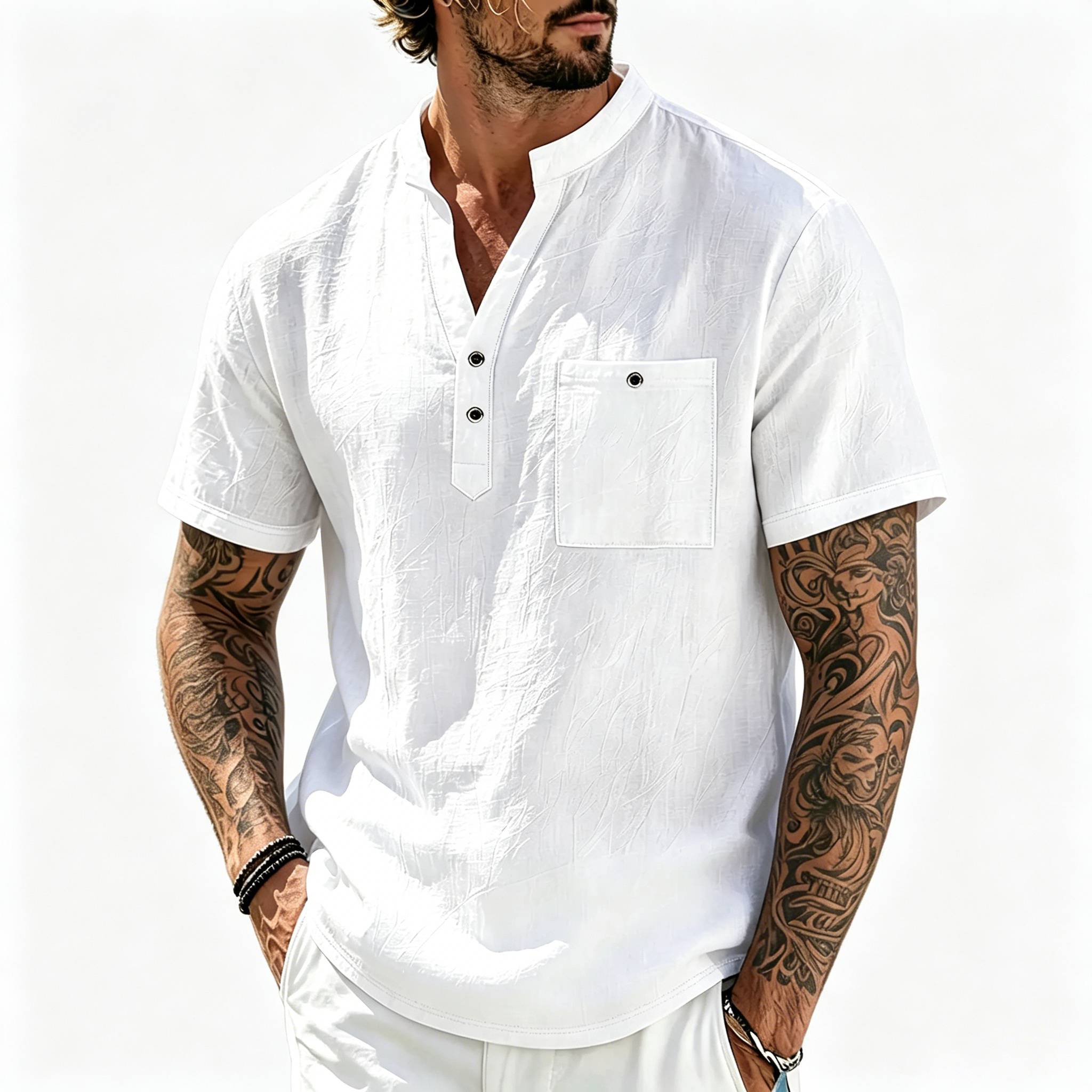 Men's Vacation Linen V-Neck Short Sleeve Shirt