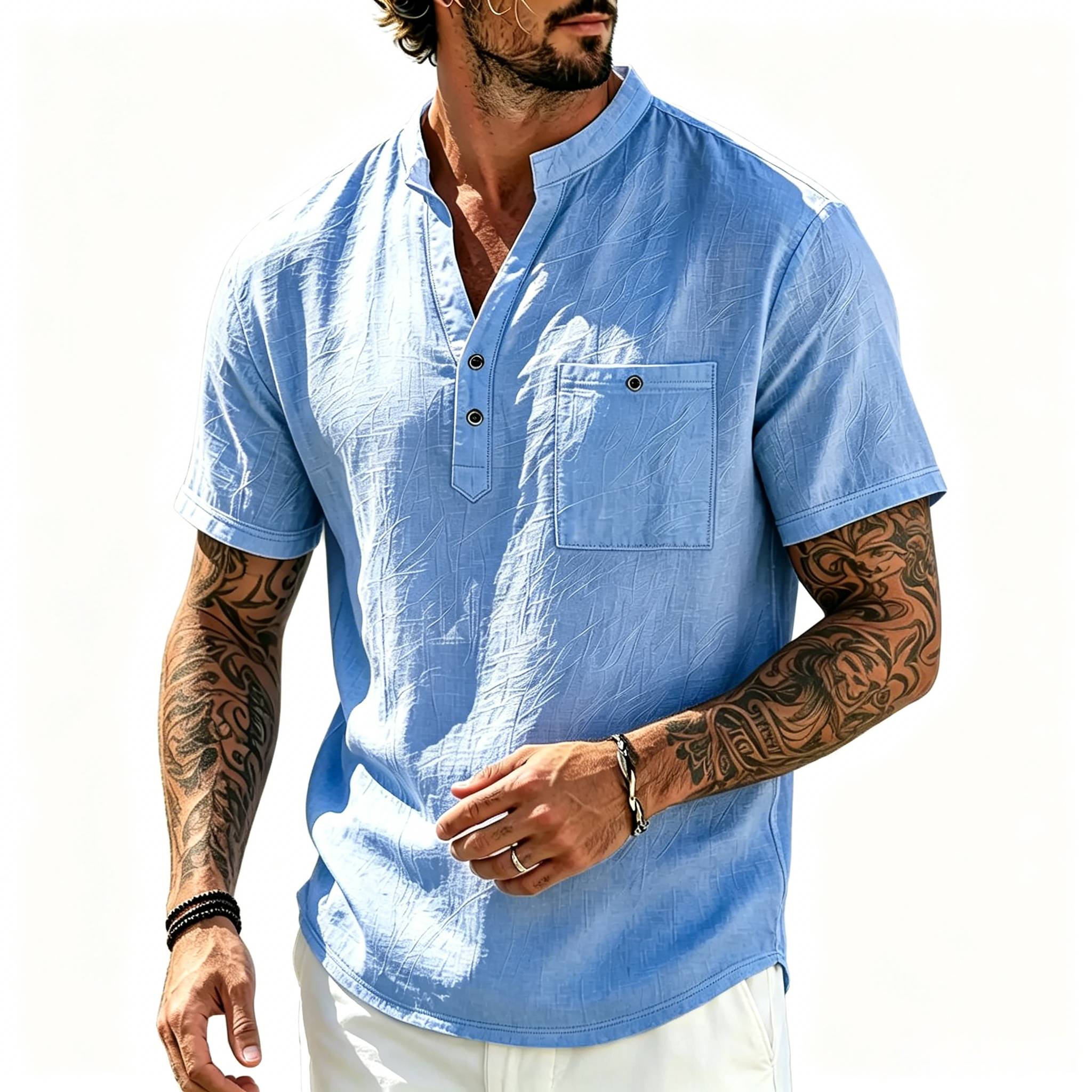 Men's Vacation Linen V-Neck Short Sleeve Shirt