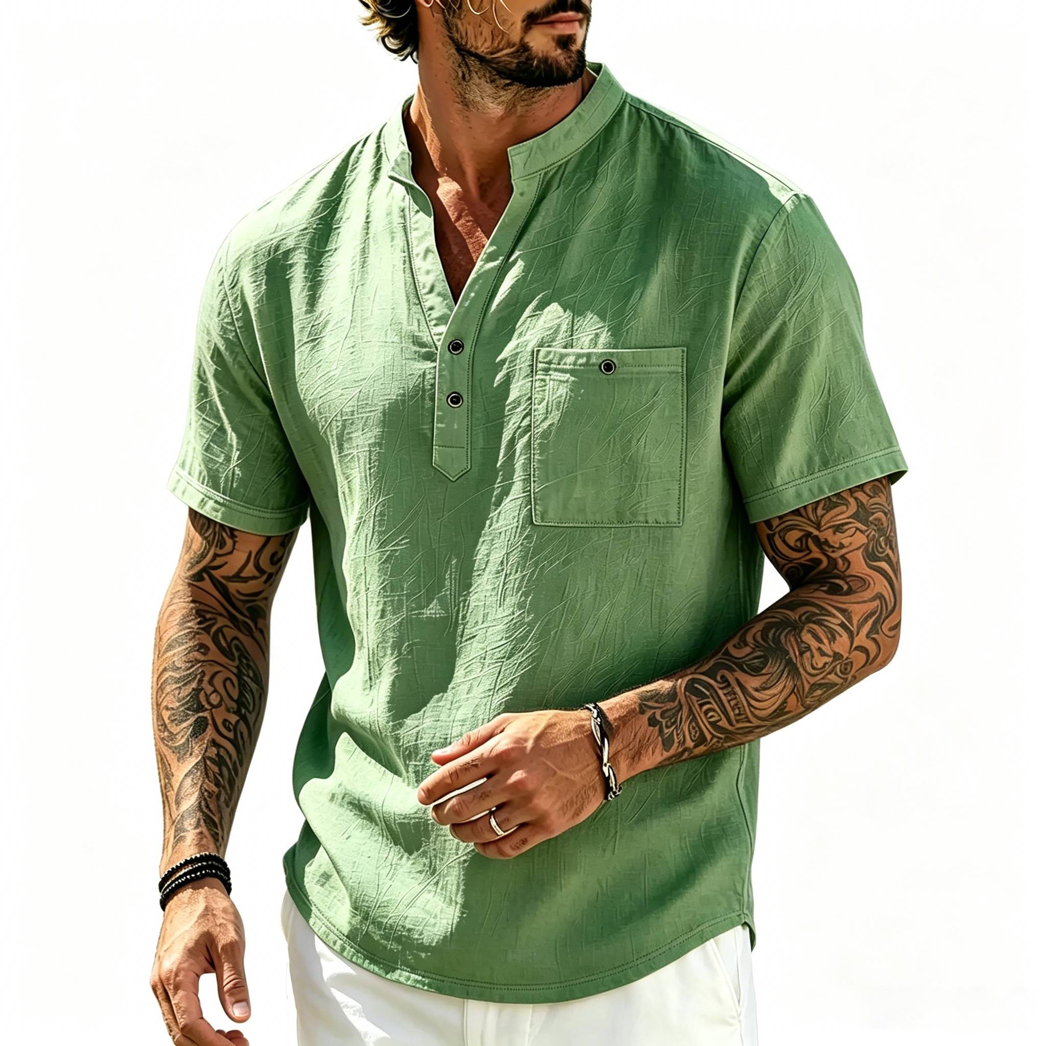 Men's Vacation Linen V-Neck Short Sleeve Shirt