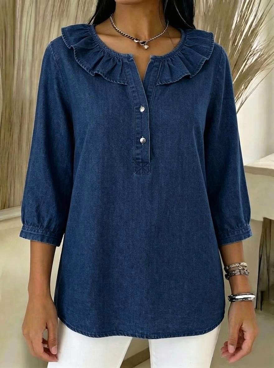 Casual Denim Blouse with Ruffled Henry Collar