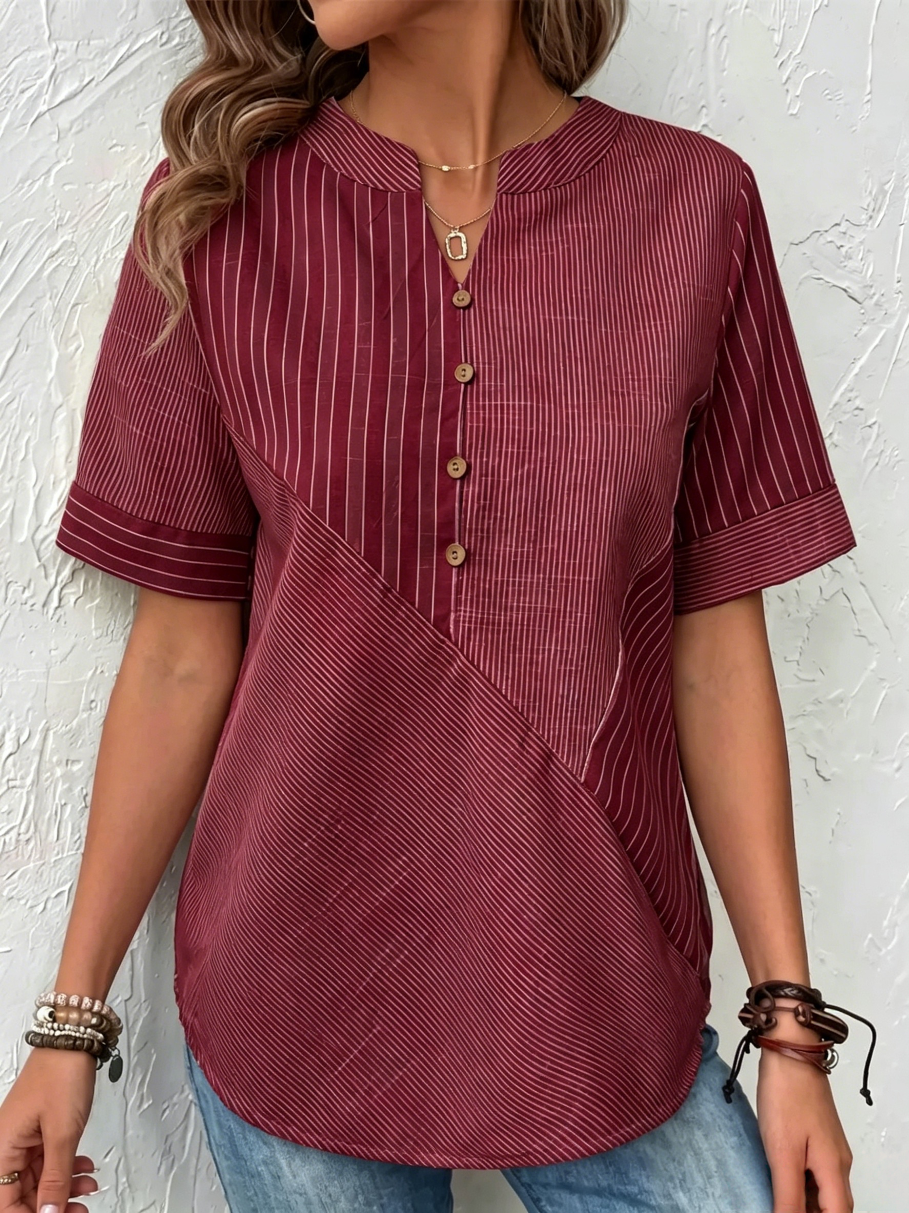 Women's Striped Button V-Neck Lightweight Casual Summer Top