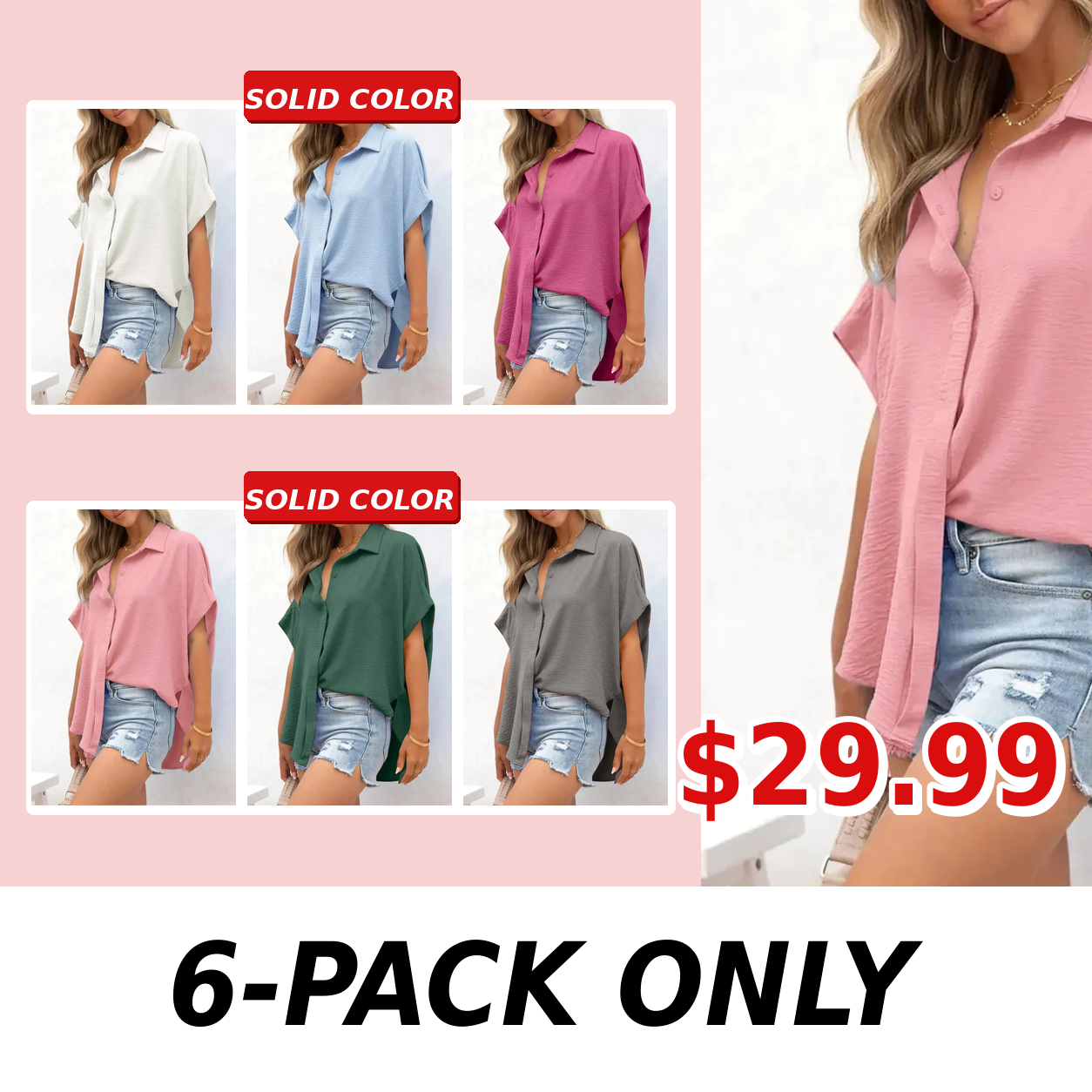Women's Casual Button Short Sleeve Slit Hem Shirt Solid Color Tops