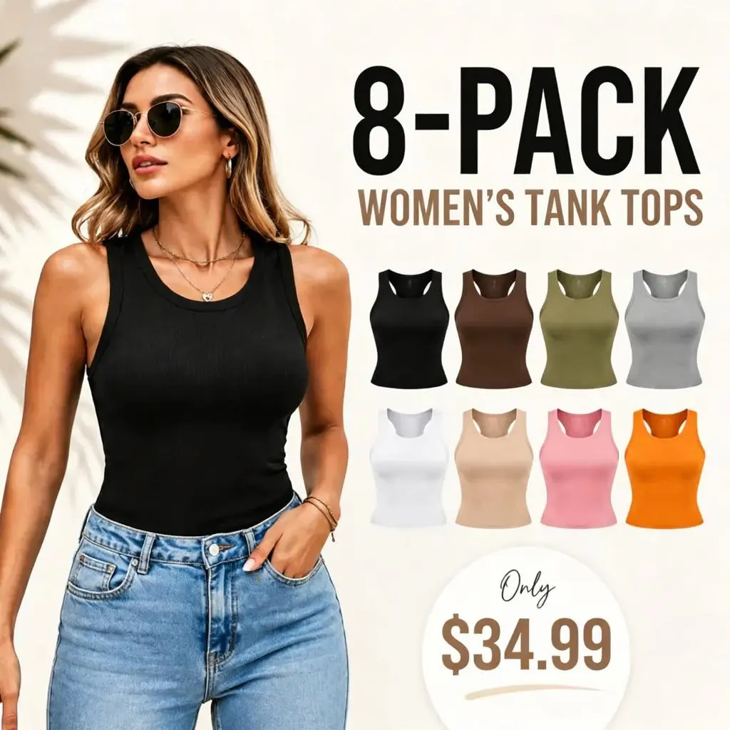 🔥This Week's Special Price🍃Round Neck Built-in Bra Ribbed Tank Top Fit Casual Comfortable💥