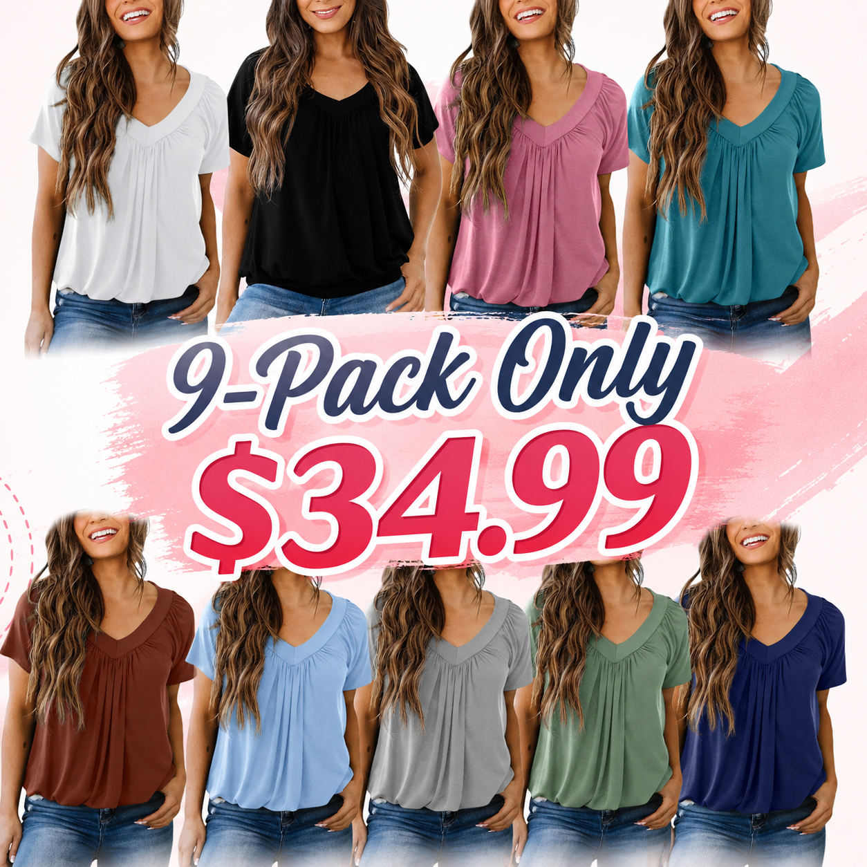 Women's Casual Summer Short Sleeve V-neck Tops T-shirts - Loose Fit & Comfortable Shirring Top