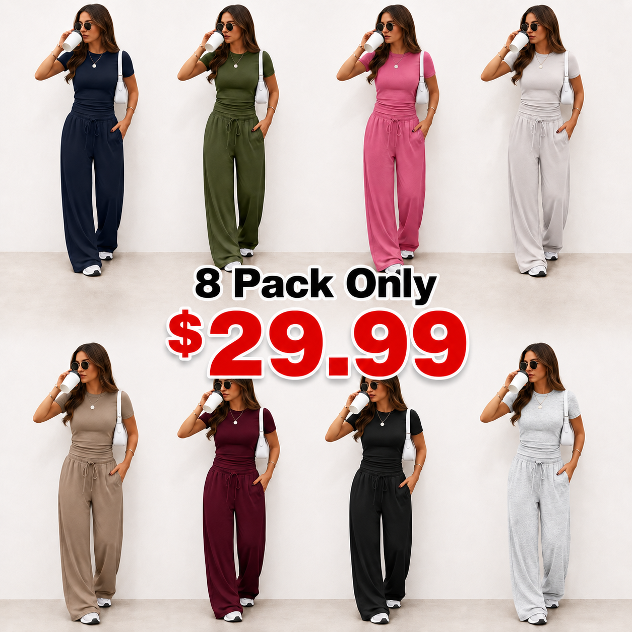 2 Piece Matching Summer Lounge Set Womens Side Ruching Top Wide Leg Pants Sets with Pockets