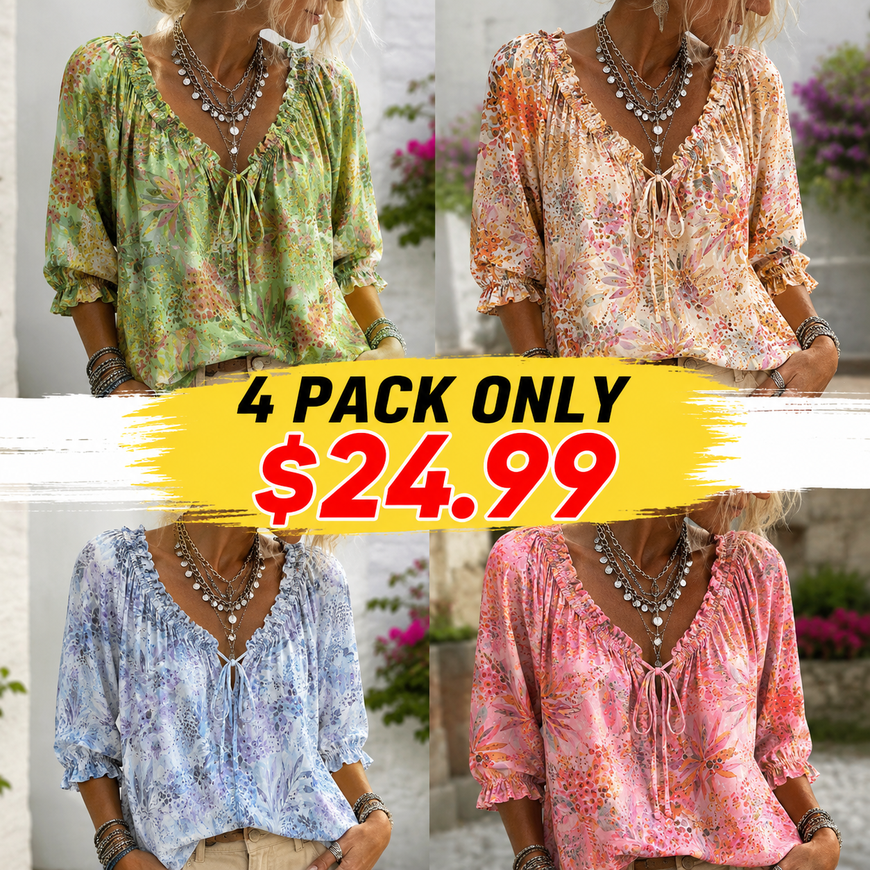 V-Neck Ruffled Lace Up Blouse