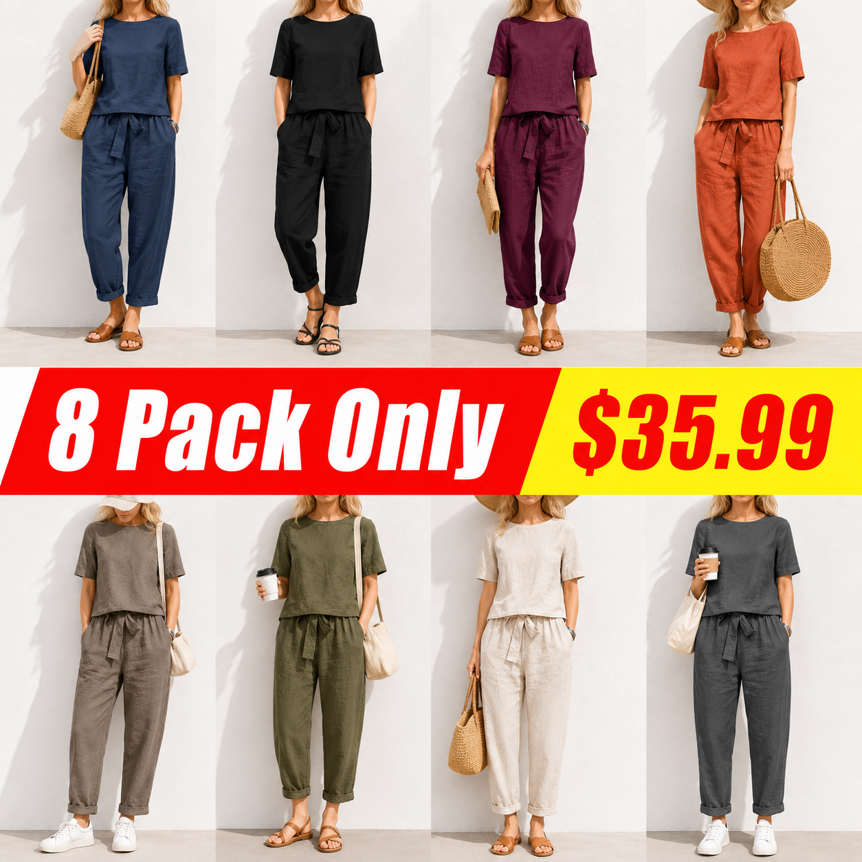 women's cotton and linen set half sleeve + wide leg pants