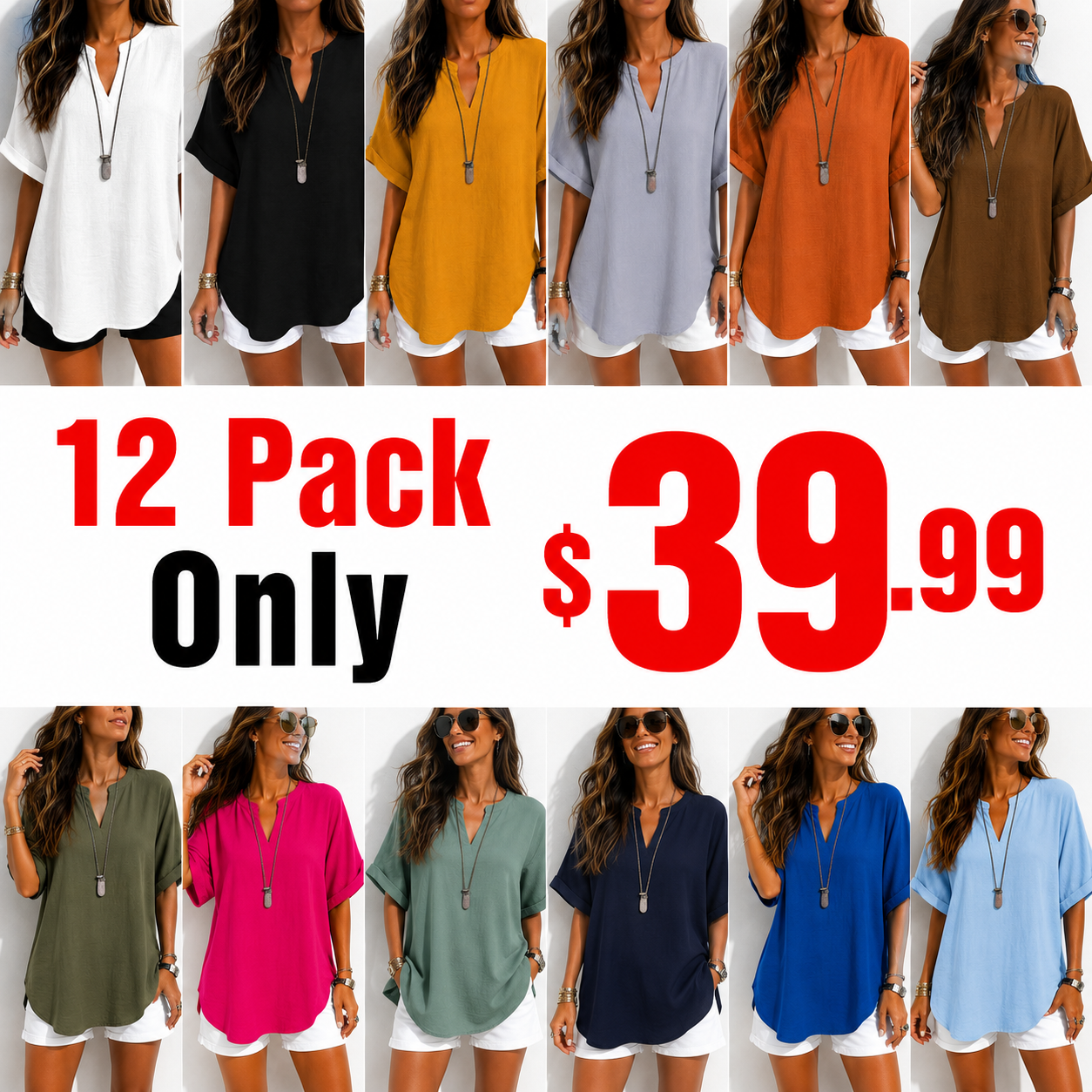 🔥Women's Plain Short Sleeve Blouse, Casual Solid Color Top for Daily Wear, Ladies Clothes for All Seasons