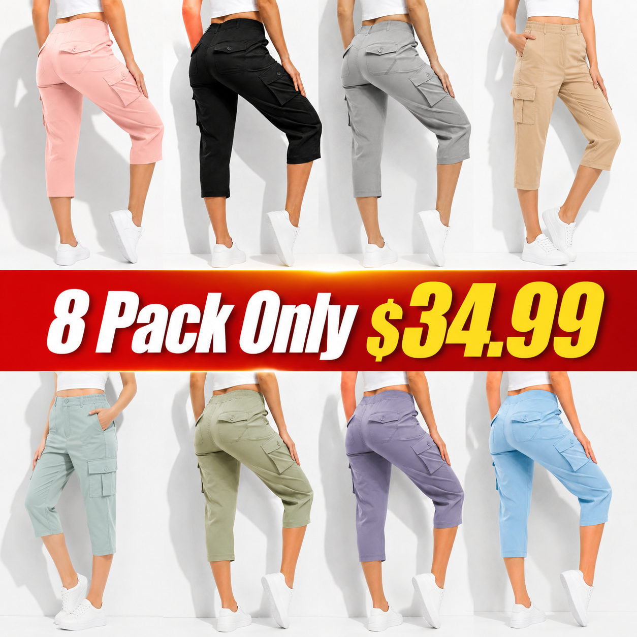 🔥8-Pack Women's Lightweight Cargo Capris – Multi-Pocket Casual Capris (All Colors)