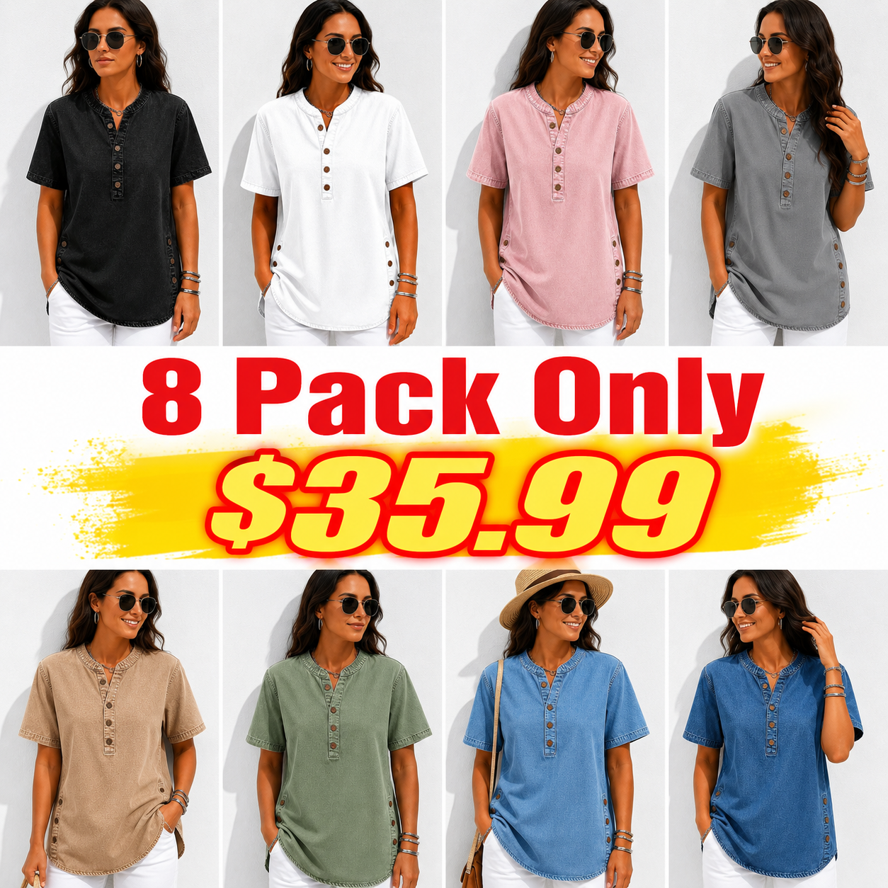 NEW🔥Women's V-neck short-sleeved Casual Button-up Loose Denim Top