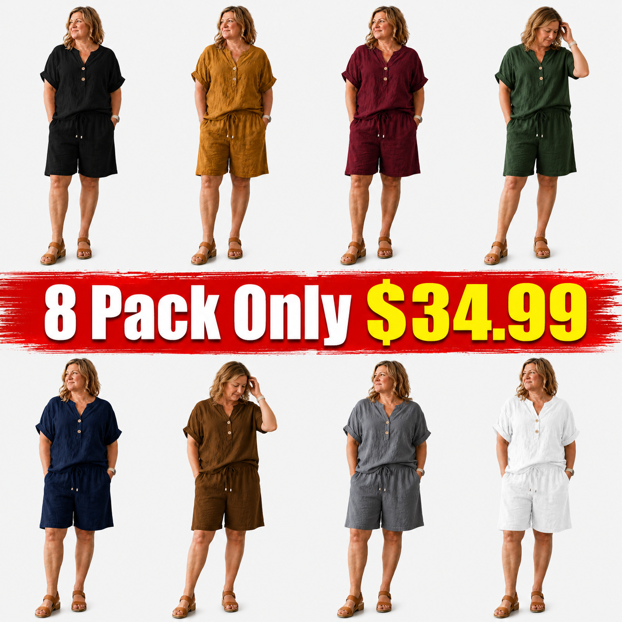Summer Co Ord Sets for Women Cotton Linen Set 2 Piece Outfits Short Sleeve Button Down Henley Top and Wide Leg Shorts Set Oversized Tracksuits Elegant Travel Loungewear