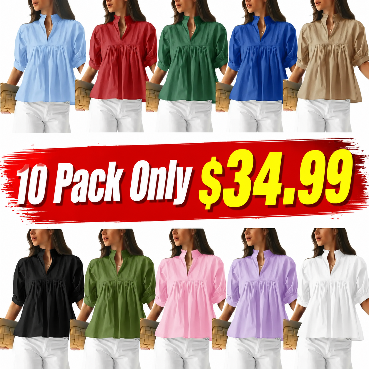 Womens V Neck Puff Sleeve Blouse Babydoll Peplum Tops Dressy Casual Pleated Loose Fit Shirts