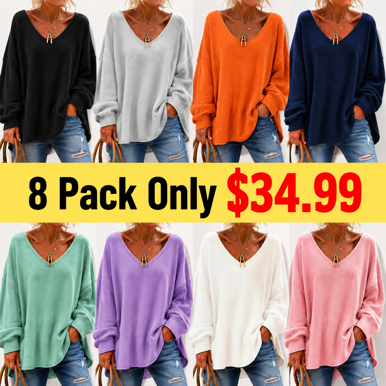 Crew Neck Fuzzy Solid Casual Long Sleeve Women Knitted Shirt