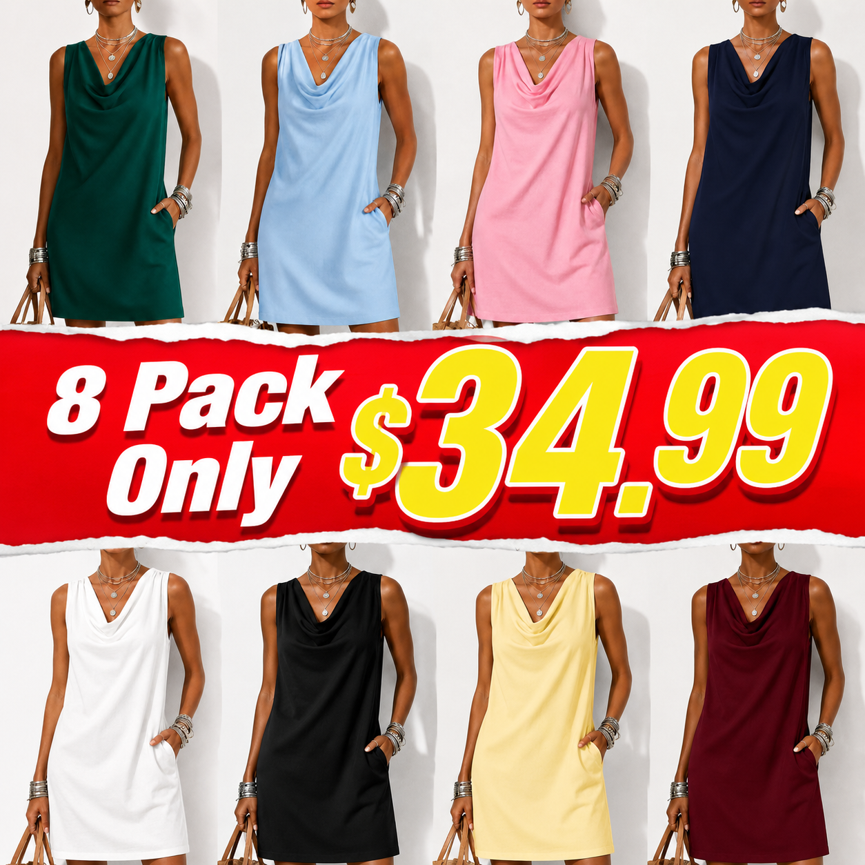 Draped-neck Sleeveless Cotton Dress