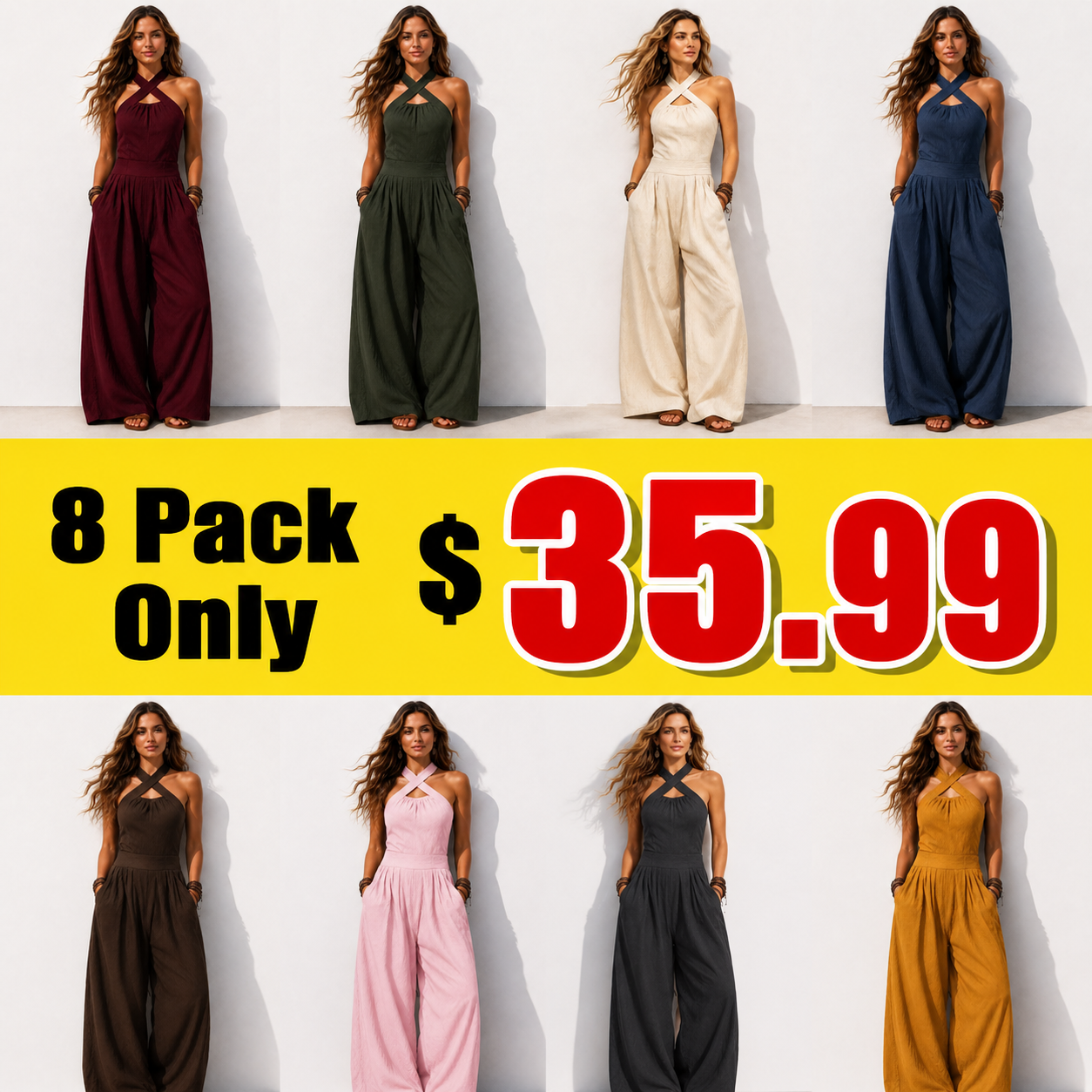 Women's Cross-neck Halter Design Cotton-linen Jumpsuit