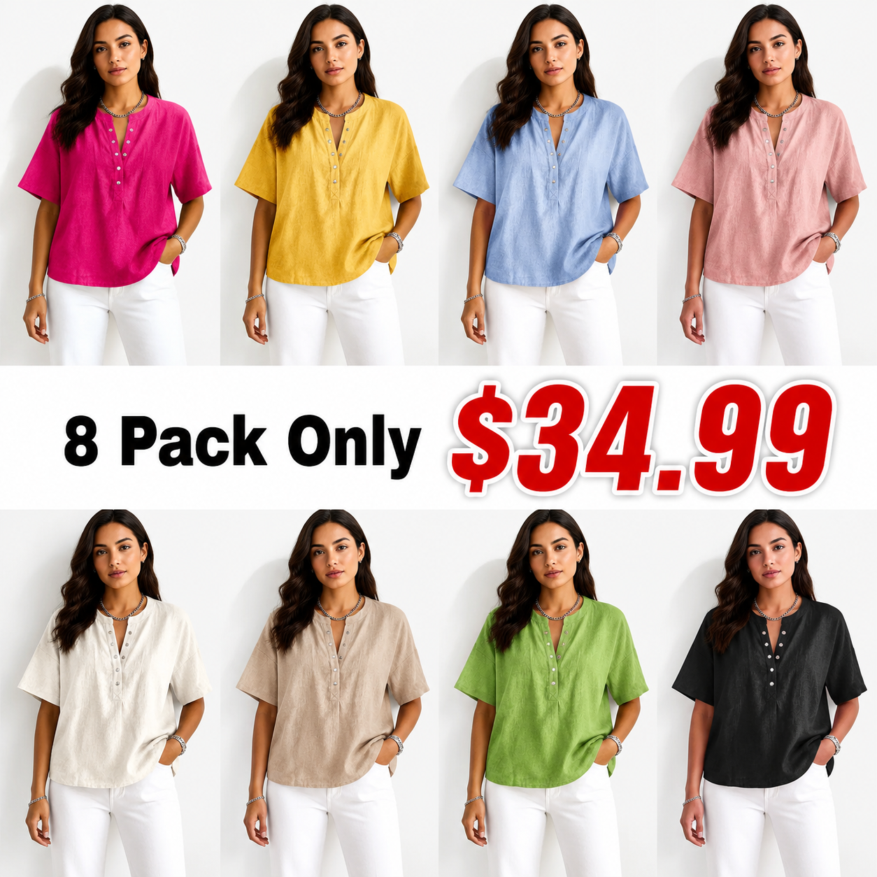 New Arrivals🔥 Women’s Casual Henley Collar Linen And Cotton Short-sleeve Shirt