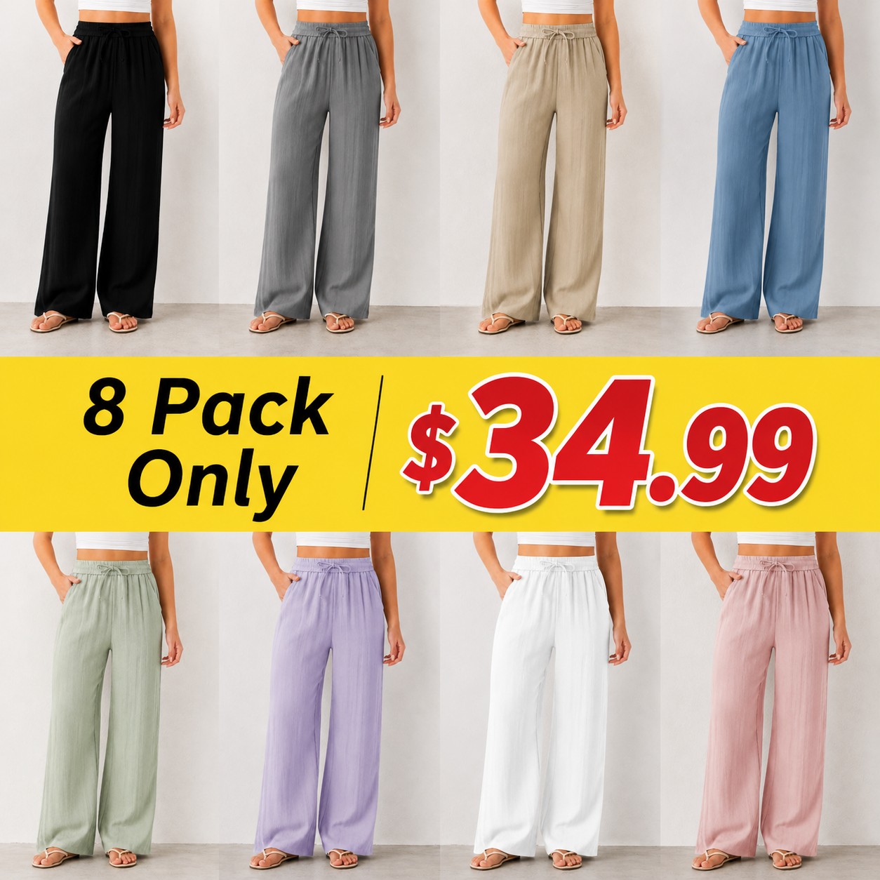 High Waisted Drawstring Pocket Wide Leg Casual Linen-Feel Pants