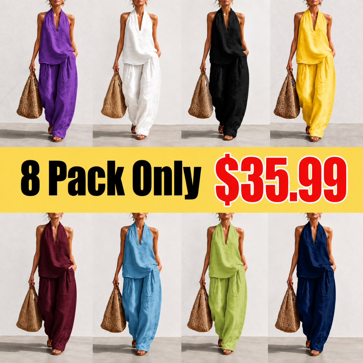 Women's Boho Linen Two Piece Set Halter Neck Sleeveless Top & Wide Leg Pants Beach Vacation Brunch Casual Outfit