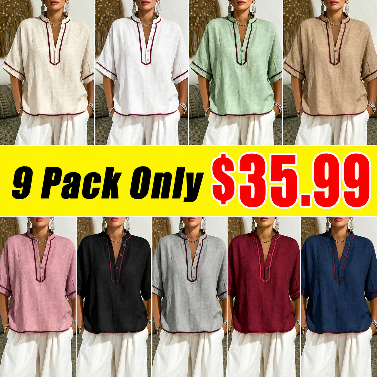 Women's Casual Linen Blend V-Neck Tunic Top – Relaxed Fit Short Sleeve Blouse