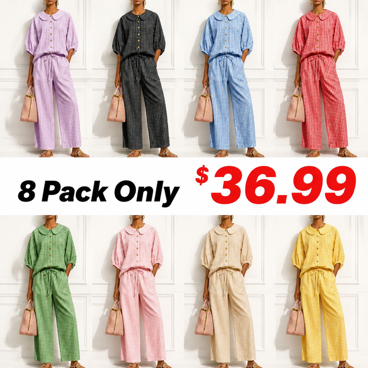 Women's  Gingham Two-Piece Lounge Set – Relaxed Fit Button-Up Top & Wide Leg Pants