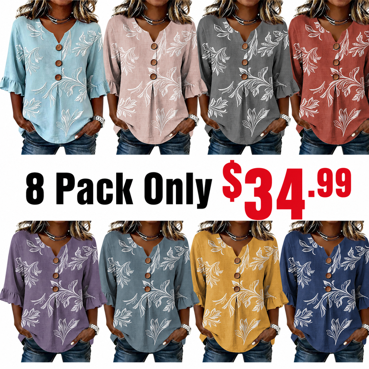 Vintage Flower Print Button V-neck Blouse With Ruffle Sleeves
