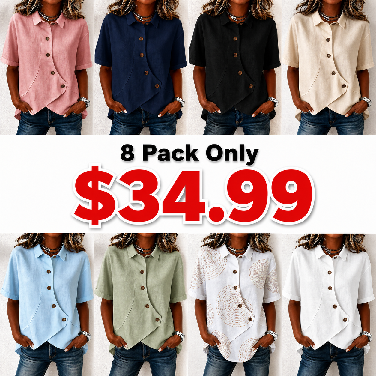 Elegant Solid Collared Button-up Short Sleeve Blouse