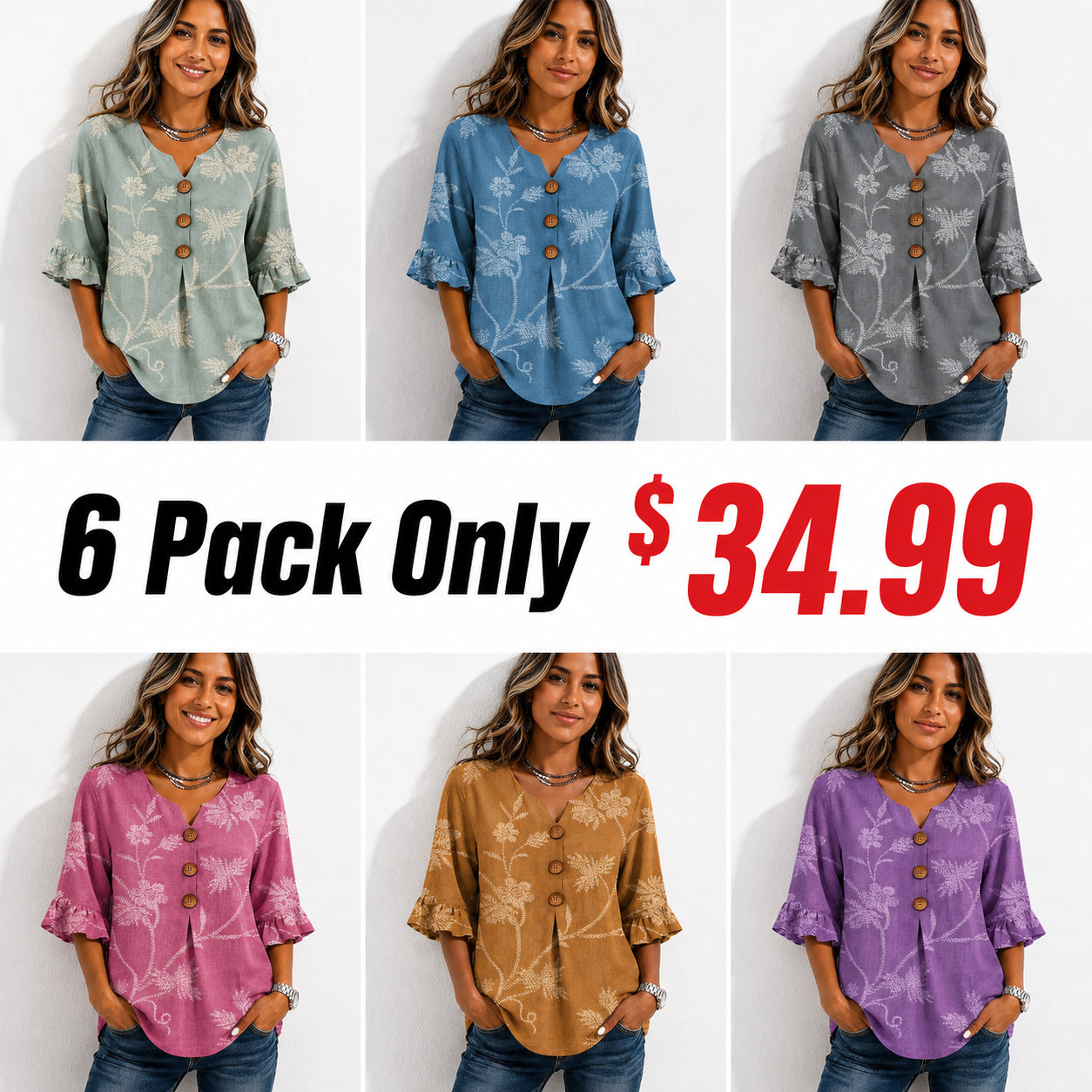 Boho Floral Print Button V-neck Blouse With Ruffle Sleeves