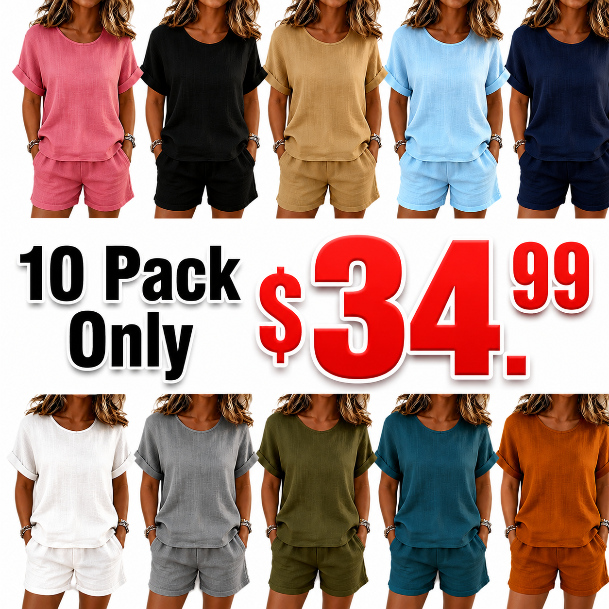 New Summer Arrival: Women's Solid-Color Casual Two-Piece Set — Crew Neck Short-Sleeve Top & Shorts