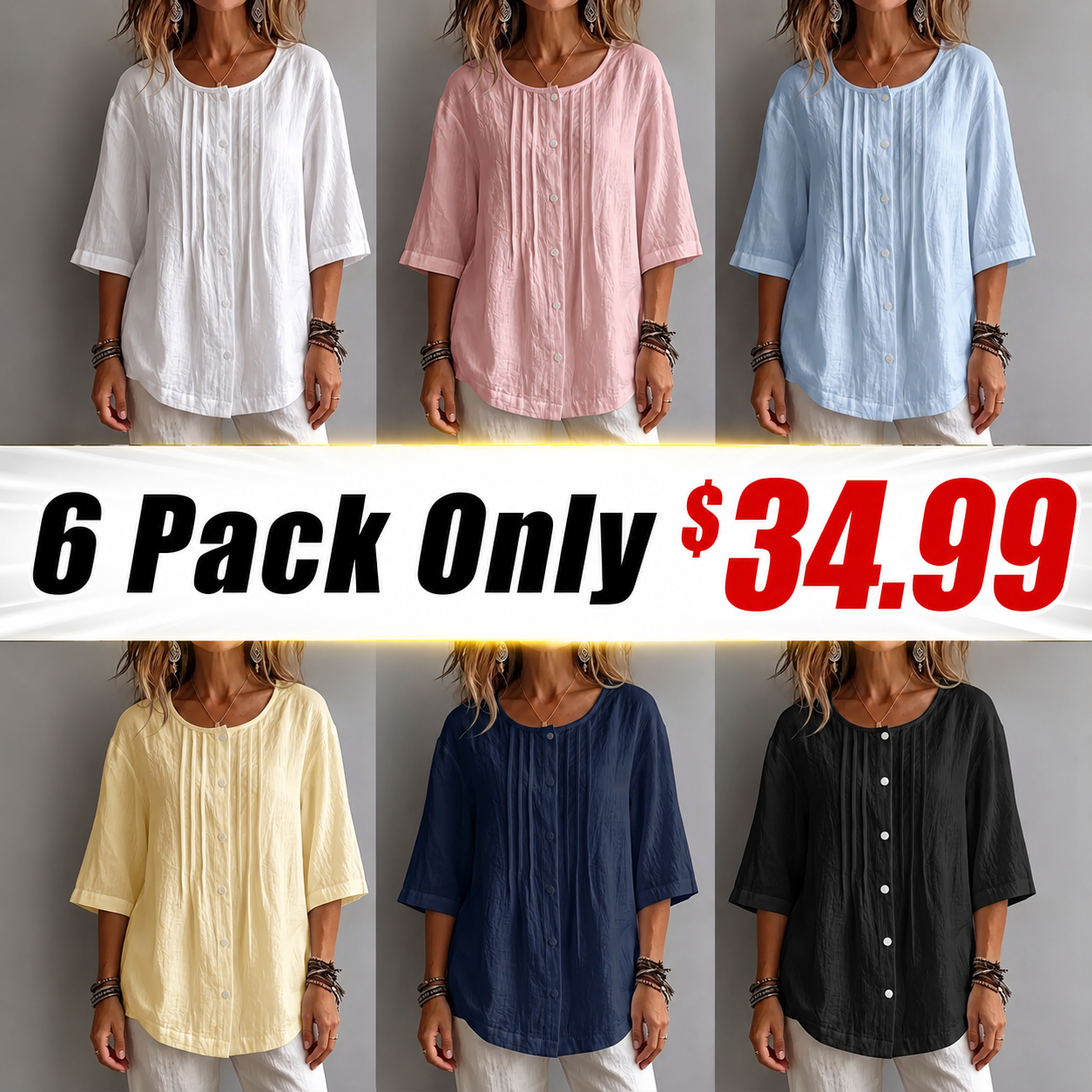 New Arrival 🔥Women'S Round Neck Three-Quarter Sleeve Pleated Shirt