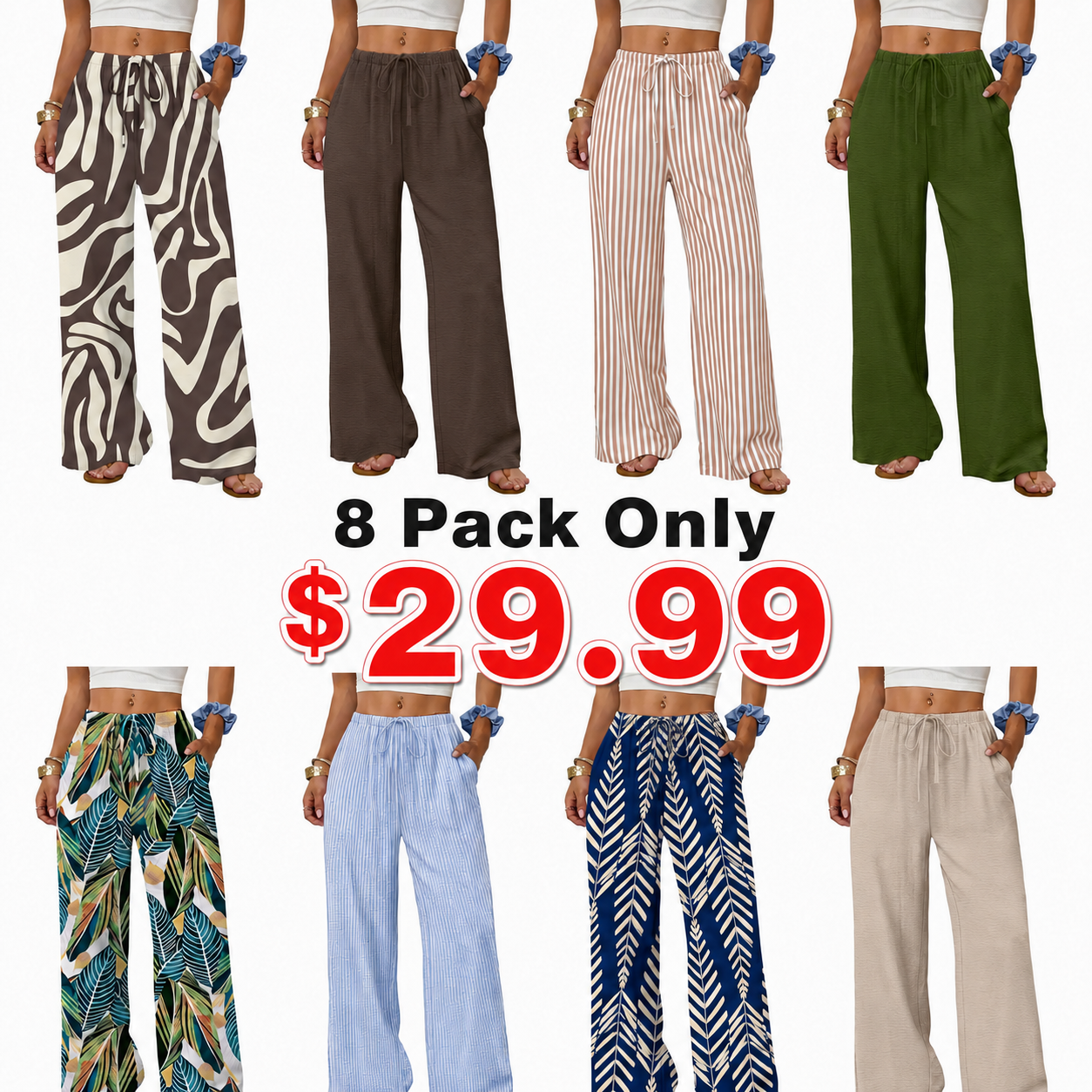 Wide Leg Pants for Women Flowy Palazzo Drawstring Elastic Waist Trousers with Pockets Summer Beach Vacation Clothes