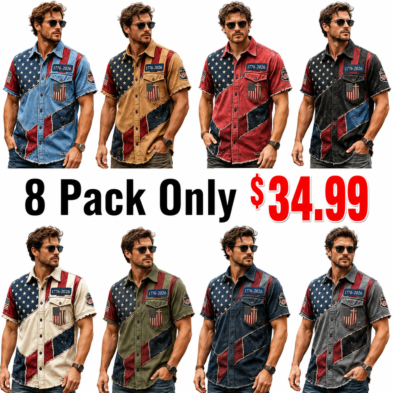 Men's USA 1776-2026 250th Anniversary Vintage Flag Patchwork Short-Sleeve Button-Down Shirt - Distressed Denim Style