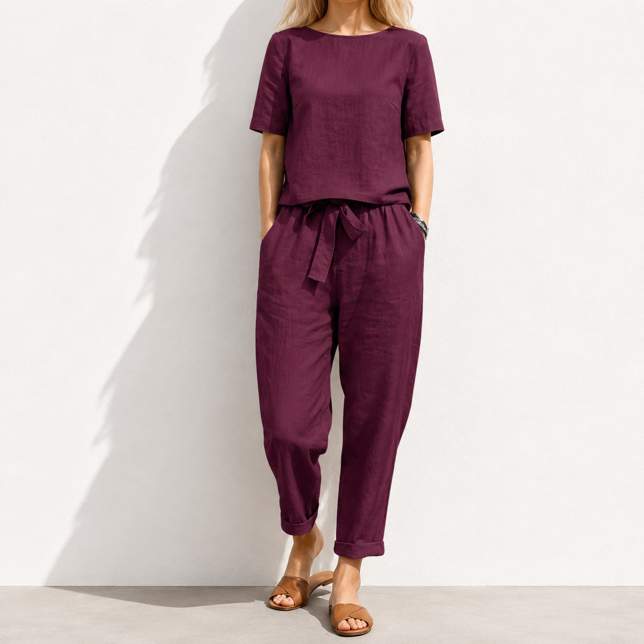 women's cotton and linen set half sleeve + wide leg pants