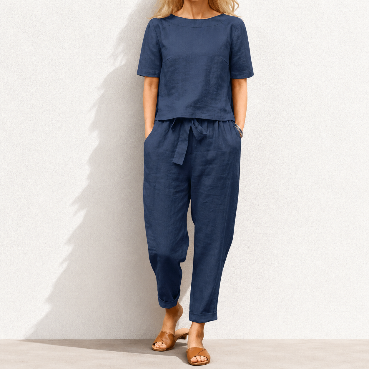 women's cotton and linen set half sleeve + wide leg pants
