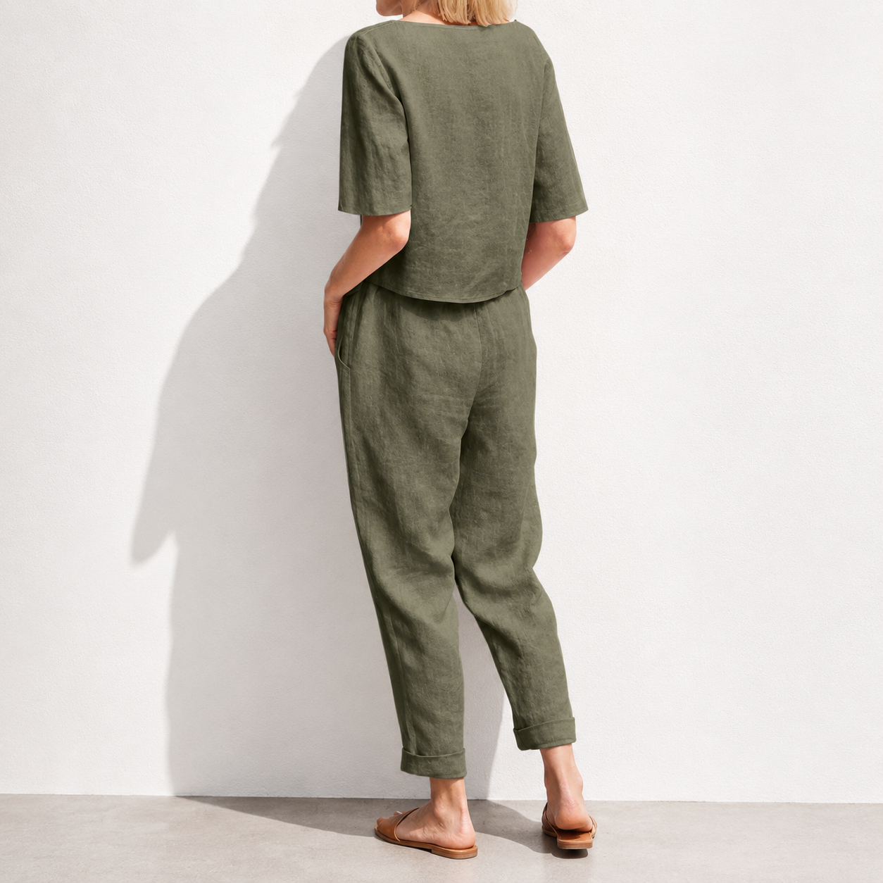 women's cotton and linen set half sleeve + wide leg pants
